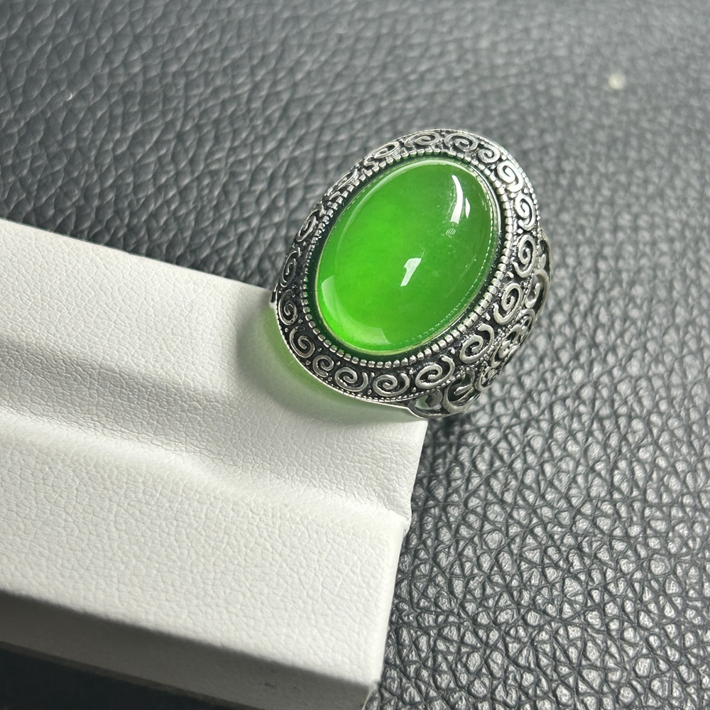 HQ GEMS Oval 13X18mm Sliver S925 Original Burma Jade Stone Men Ring