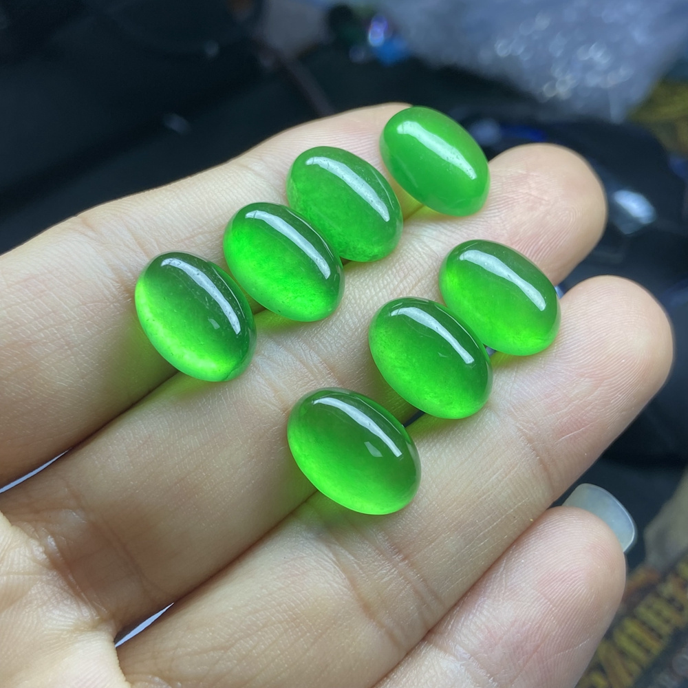 HQ GEMS 14x10mm Flatback Cabochon Natural Green Myanmar Jadeite Loose Gemstone Beads Burma Jade natural