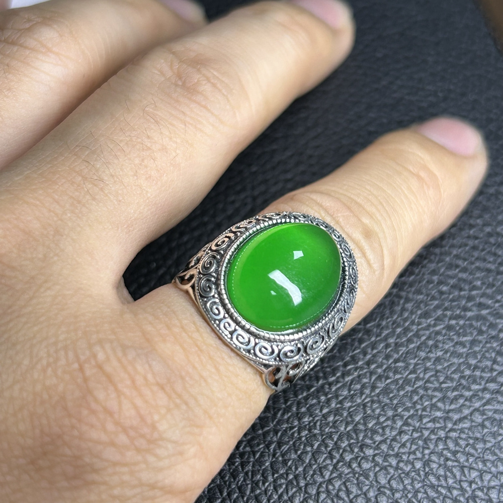 HQ GEMS Oval 13X18mm Sliver S925 Original Burma Jade Stone Men Ring