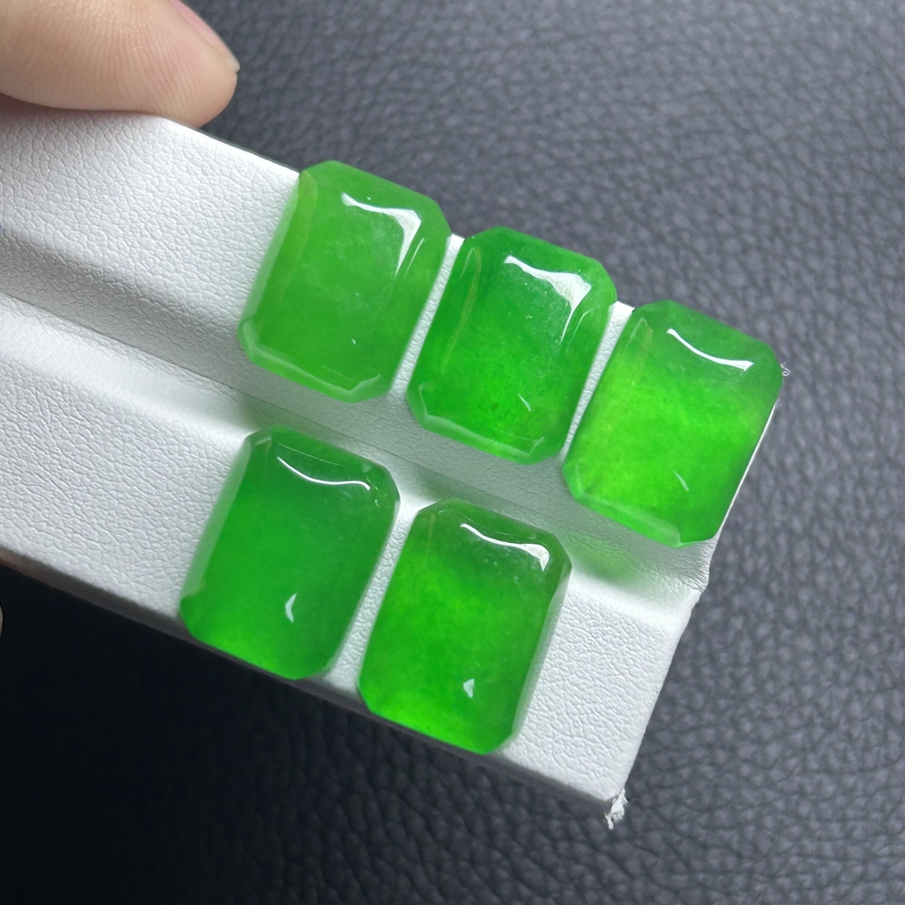 12x6x6mm Natural Myanmar Jadeite Flat Rectangle Cabochon Green Stone for Ring Jewelry