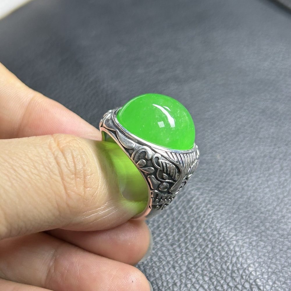 HQ GEMS Oval 40 Carat Jade Sliver S925 Original Burma Green Jade Men Ring