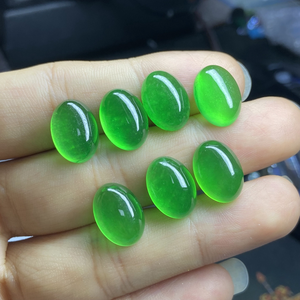 High Quality Flatback Cabochon Natural Green Myanmar Jadeite 14x10mm Loose Gemstone Beads Burma Jade Stone