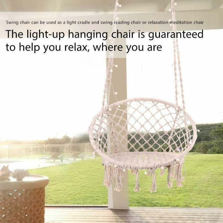 39 FT LED Lights Indoor Outdoor Swing Macrame Girl Elegant Hanging Swing Hammock Chair With Metal Stand