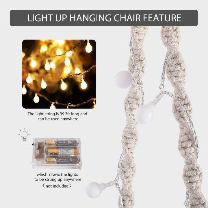 39 FT LED Lights Indoor Outdoor Swing Macrame Girl Elegant Hanging Swing Hammock Chair With Metal Stand