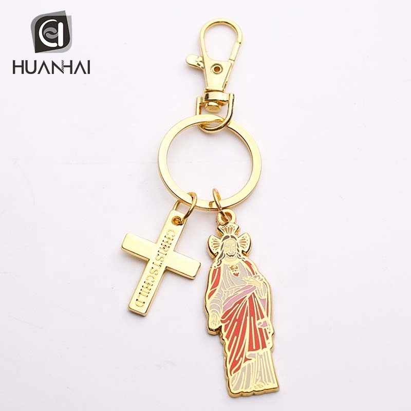 customize gold plated metal hard enamel shaped jesus cross keychain