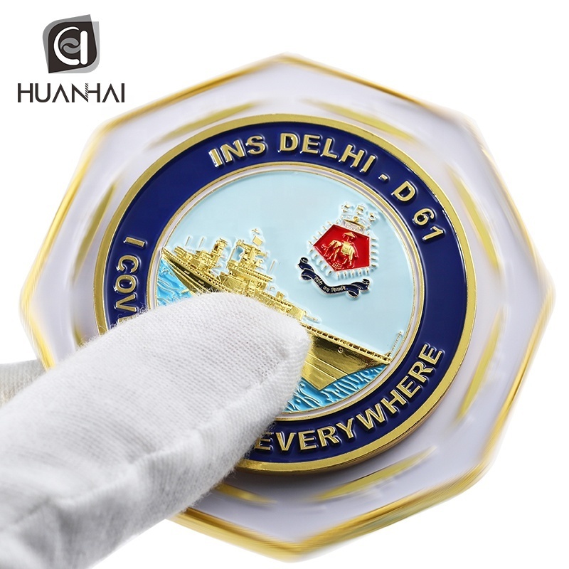 custom gold metal enamel logo octagonal shaped 3D spin commemorative coin manufacturer