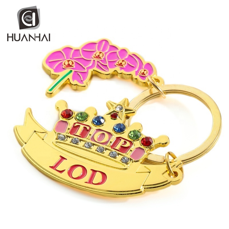 custom gold metal enamel logo diamond color initial crown keychain luxury