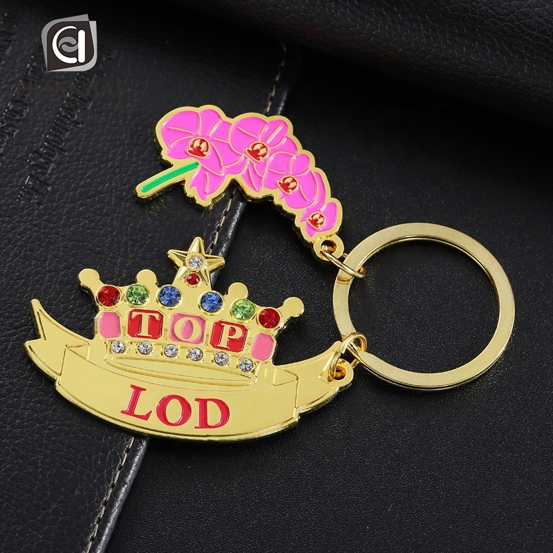 custom gold metal enamel logo diamond color initial crown keychain luxury