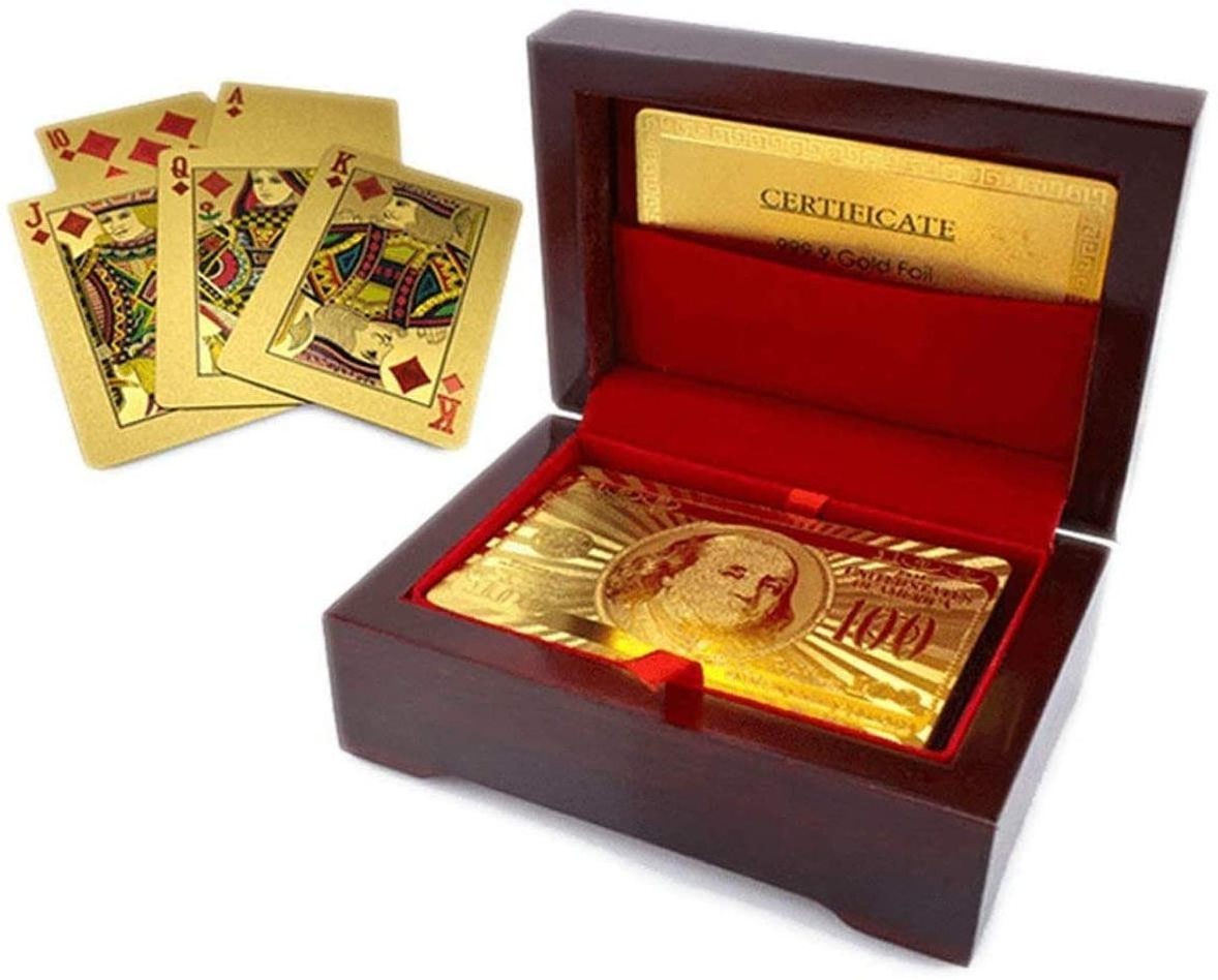 Luxury 24k Gold Plated Waterproof Playing Cards Poker for Collection Gift with Wooden Gift Box Case Holder