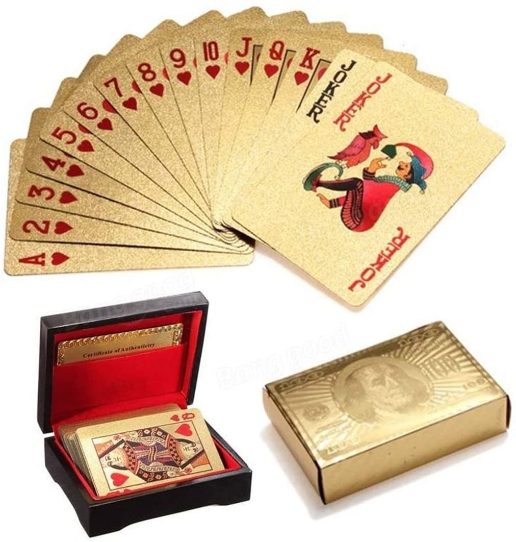 Luxury 24k Gold Plated Waterproof Playing Cards Poker for Collection Gift with Wooden Gift Box Case Holder