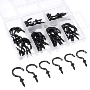 60 Pieces 1" and 1-1/4" Black Metal Ceiling Hooks Screw Hooks Cup Hooks