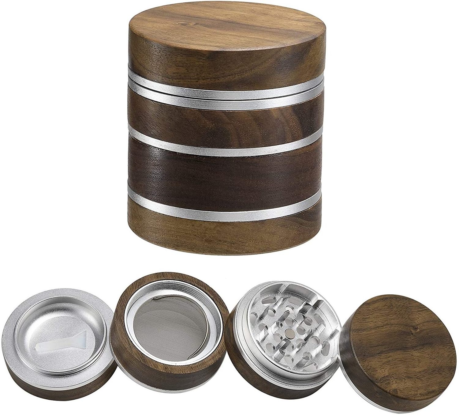 JC7023 walnut wooden herb grinder 62MM 4pieces herbal accessories grinder aircraft aluminum herbal grinder with custom logo