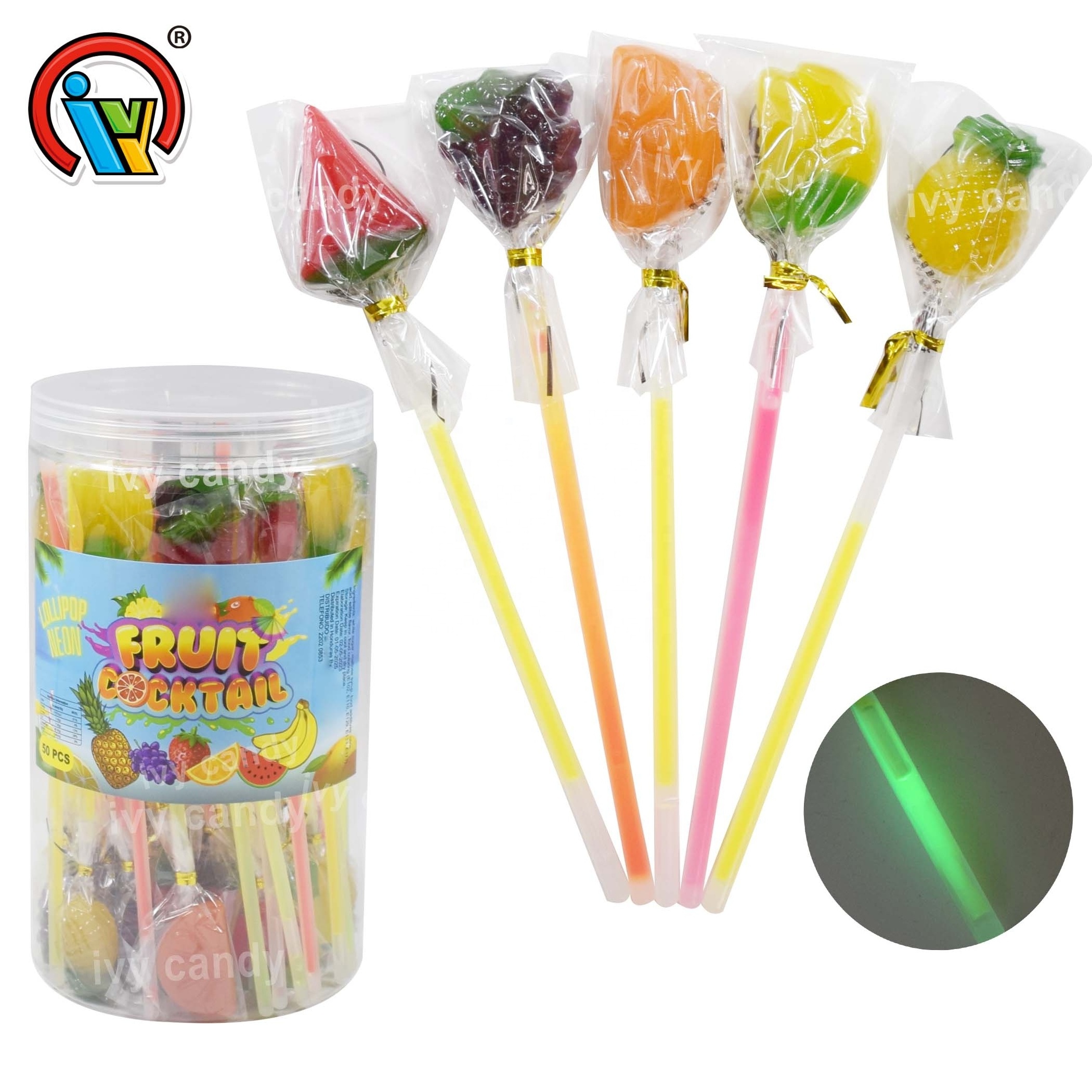 Fluorescent lollipop candy  fruit shape long stick glow lollipop candy