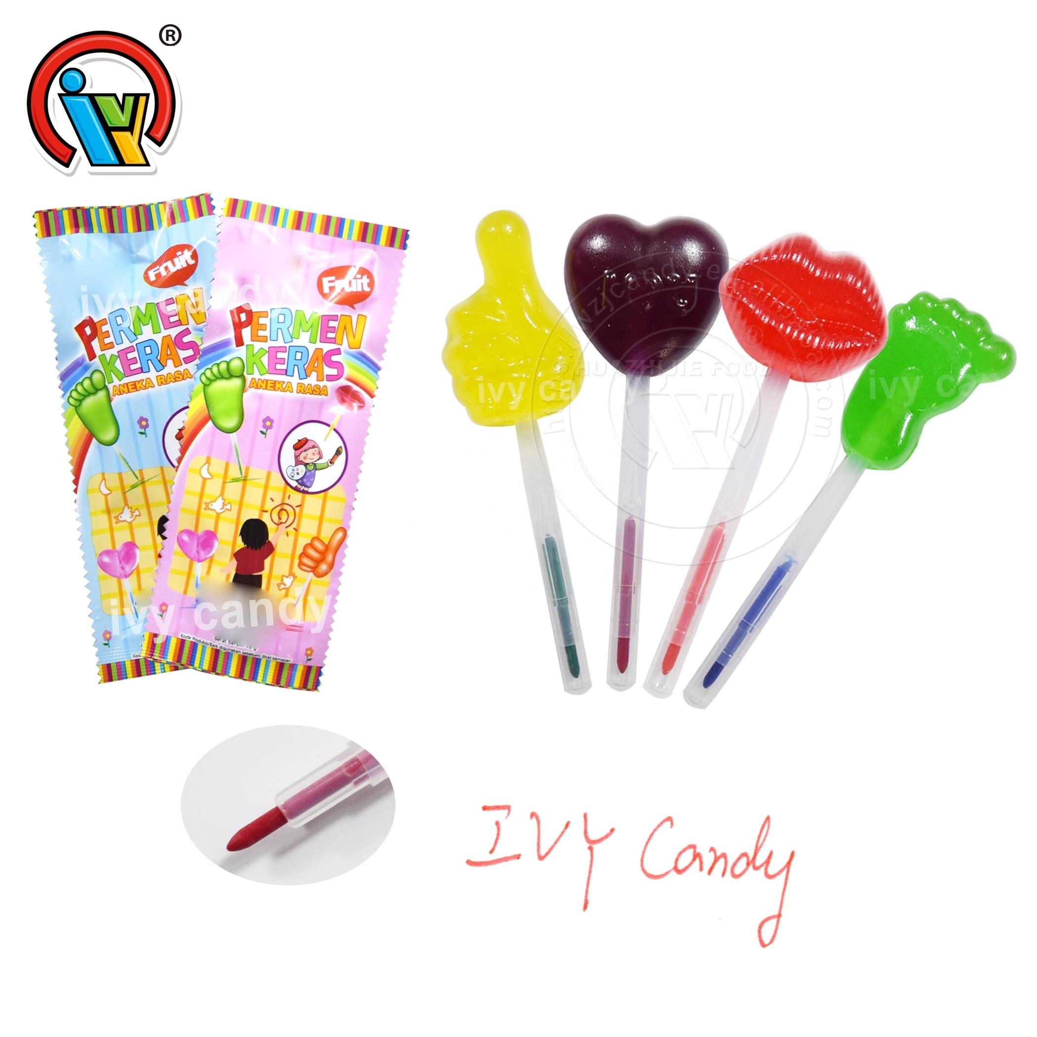 Lollipop candy sweets manufacturer heart lip foot finger shape candy lollipop with water color pen