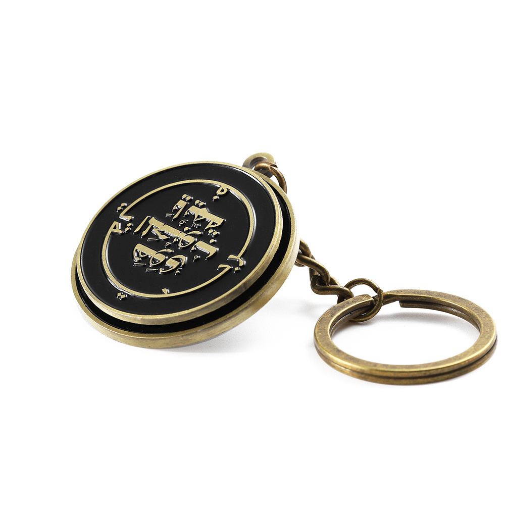 Custom Unique Design Arabic Letter Round Metal Zinc Alloy Soft Enamel Keychain Islamic Rotating Keychain With Paper Card Back