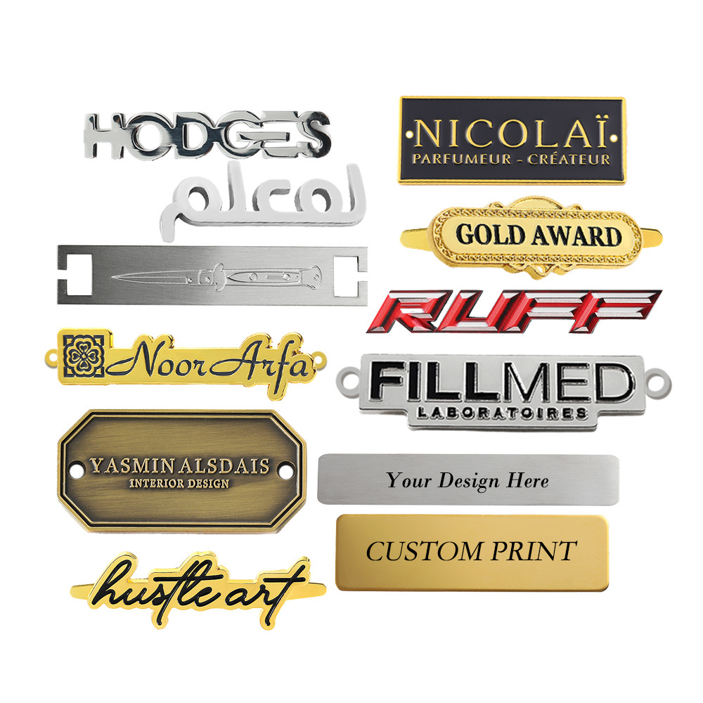 Design Your Brand Stainless Steel Zinc Alloy Clothes 2D 3D Logo Metal Nameplate Gold Plated Pins Emblem Custom Metal Name Plate