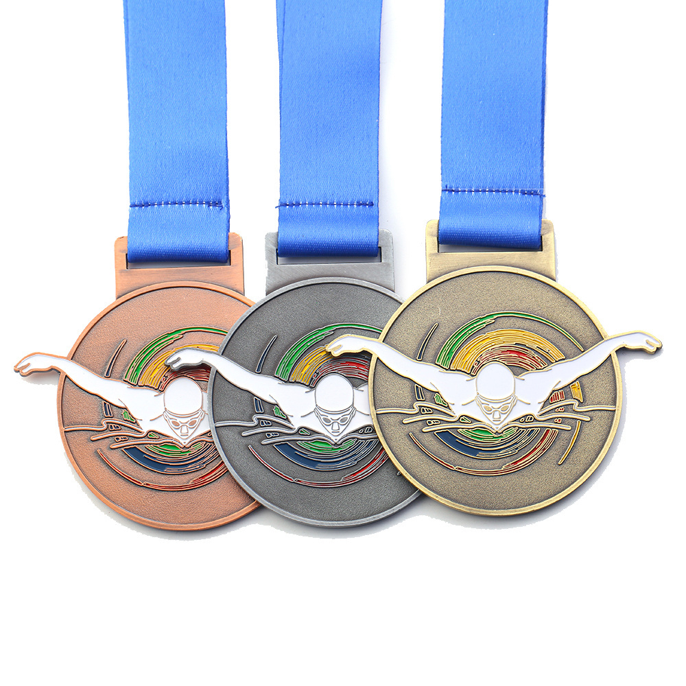 Design Your Own Custom Swimming Brass Medals Zinc Alloy Metal 3D Sports Swim Marathon Race Award Medal With Ribbon