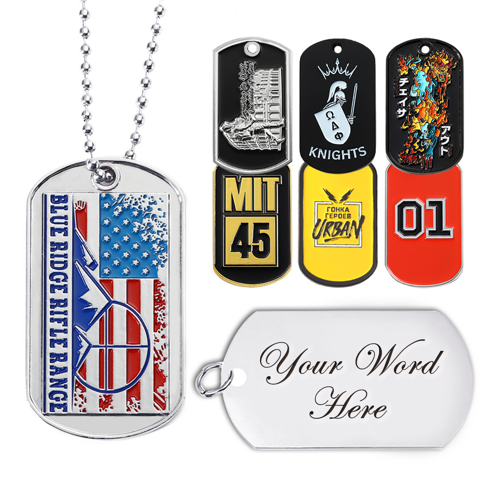 Custom Design Stainless Steel Zinc Alloy Metal Enamel Dogtag Pendant Logo Customized Engraved Dog Tags Necklace For Men