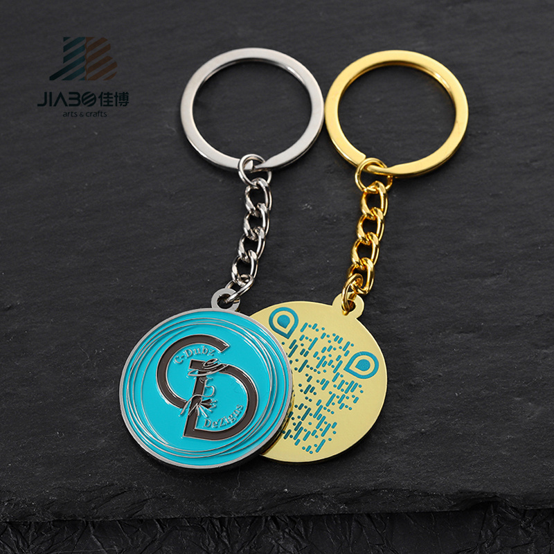 China Supplier Personalised Qr Code Keychain Custom Logo Round Shape Enamel Metal Keychain With Back Code