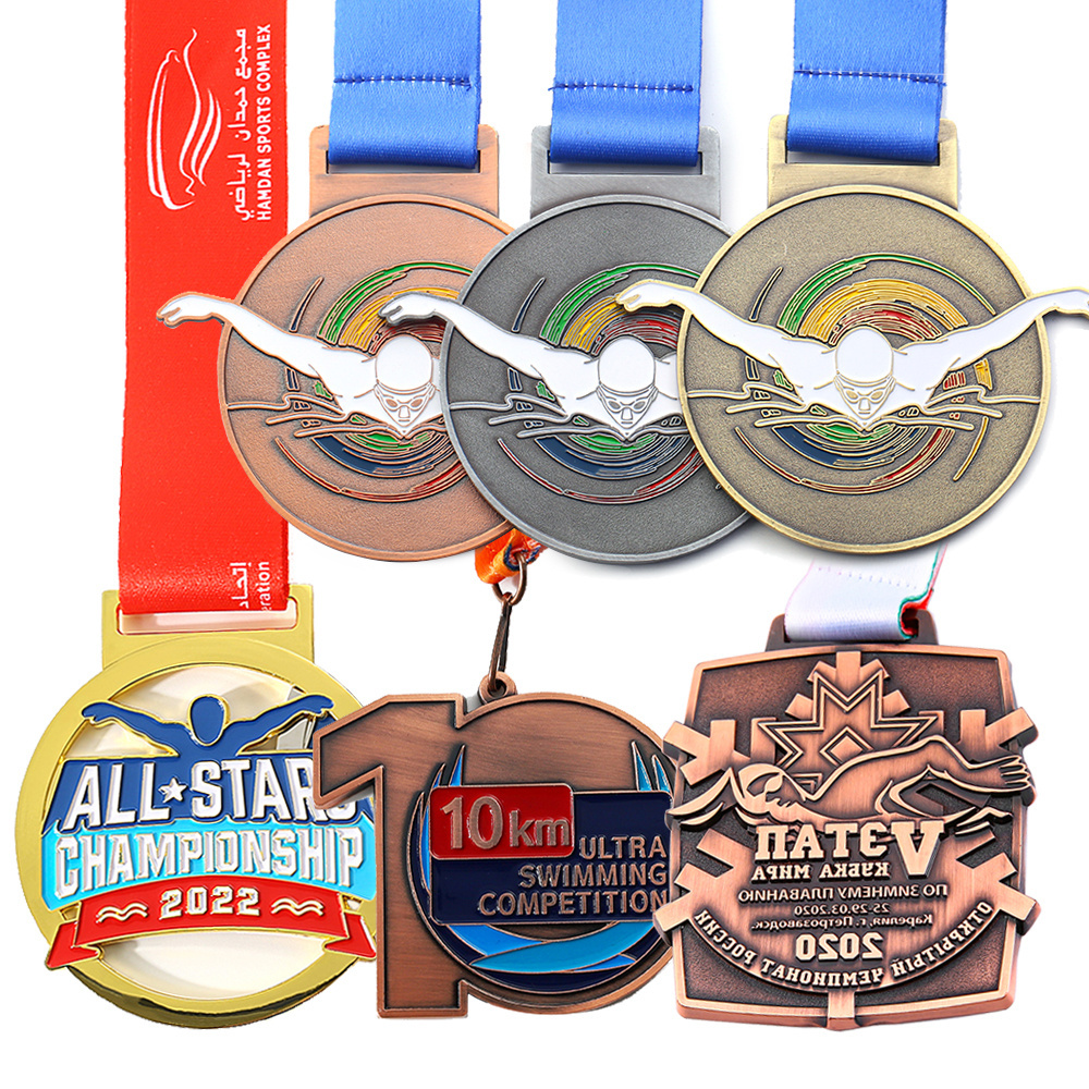 Design Your Own Custom Swimming Brass Medals Zinc Alloy Metal 3D Sports Swim Marathon Race Award Medal With Ribbon