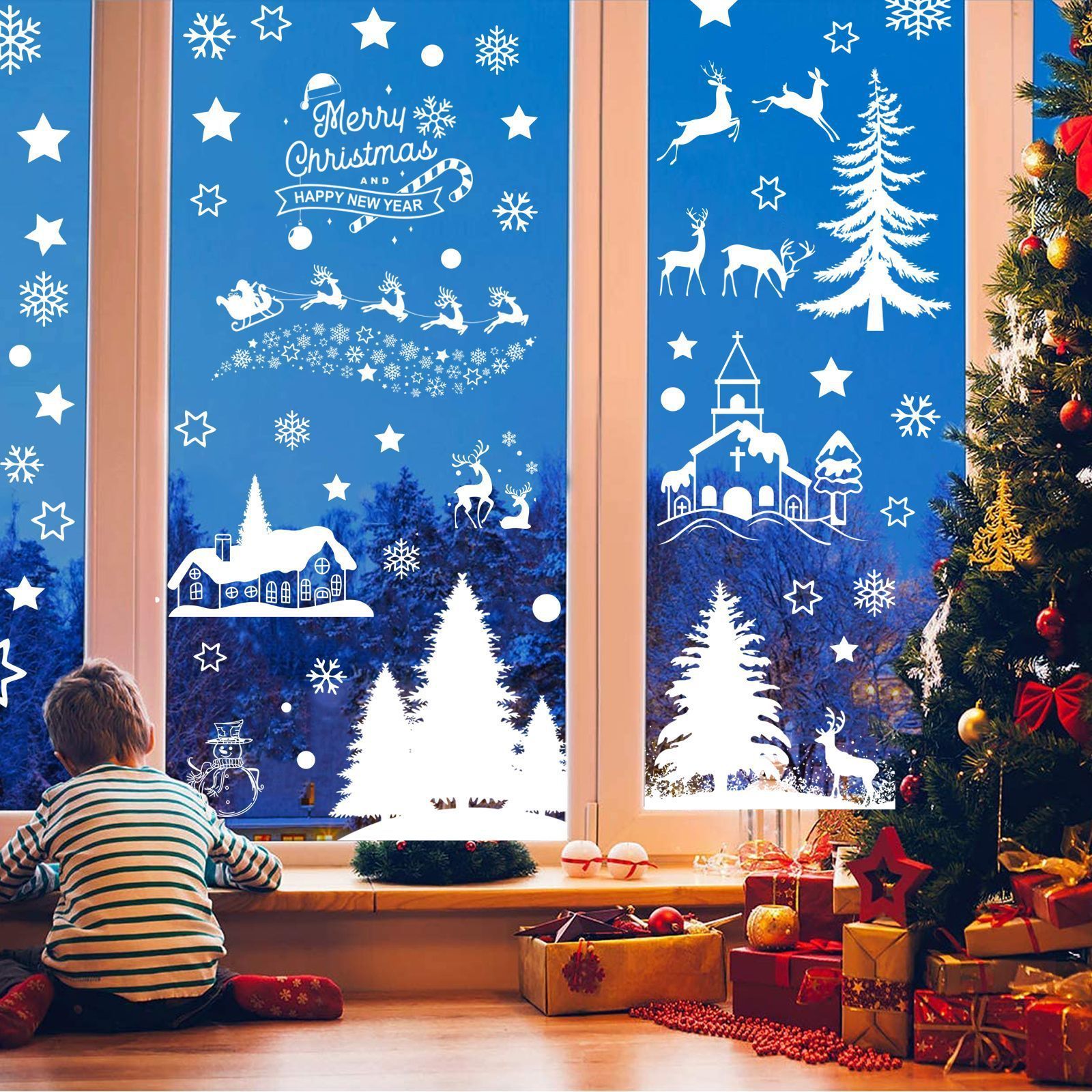 Wholesale Christmas static window stickers window glass stickers white snow elk Christmas tree stickers