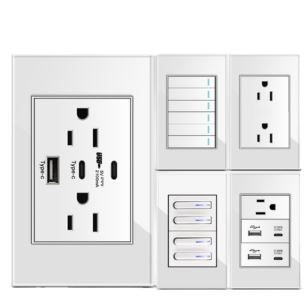 DELEFU White Tempered Glass USb Type C US Standard Outlet Mexico America Plug 118*72 Wall Power Socket Light Switch Fast Charge