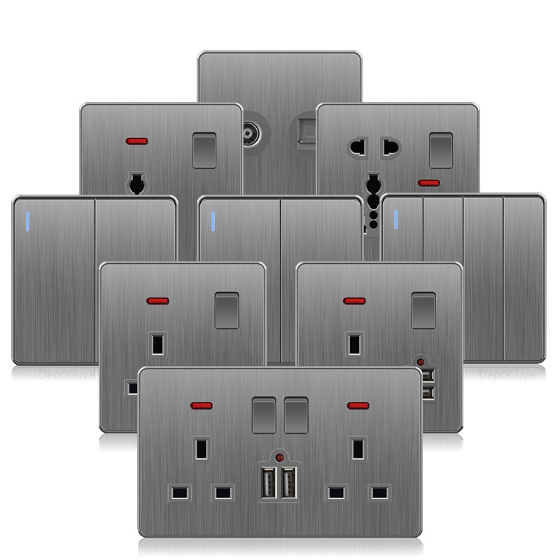 Brushed grey modern universal switches and sockets, PC UK 13A wall light switches, electrical kitchen wall sockets