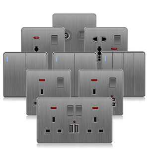 Brushed grey modern universal switches and sockets, PC UK 13A wall light switches, electrical kitchen wall sockets