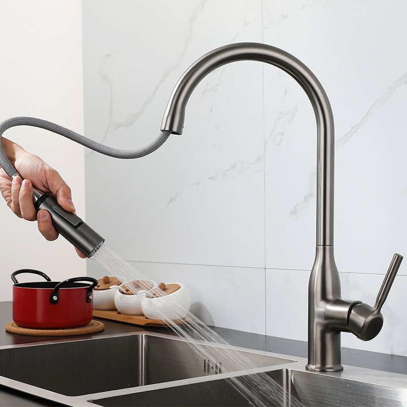 2024 Modern Luxury Pullout Sprayer Flexible Rotation Pull Down Black Kitchen Sink Faucet,Chrome Brass Kitchen Faucet