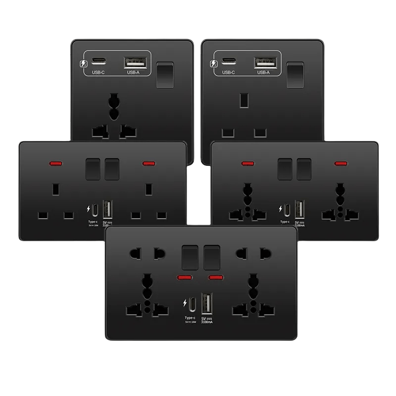 Black UK 13A light button switch, universal Usb C 18W Smart Fast Charging Power Socket, 220V electrical Outlet switch wall