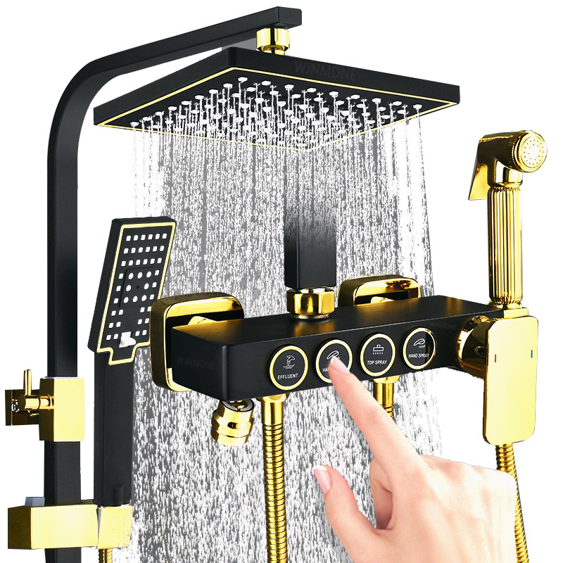 Bathroom Shower System Set with Bidet Faucet Black Gold Hot and Cold Bathtub Mixer Brass Faucet Temperature Rainfall Shower Set