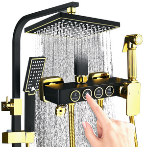 Bathroom Shower System Set with Bidet Faucet Black Gold Hot and Cold Bathtub Mixer Brass Faucet Temperature Rainfall Shower Set