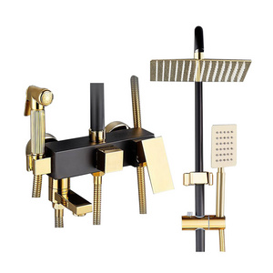 Black Gold Bathroom Shower Set Wall Mounted Bathtub Brass Faucet Shower System 4 Ways Hot and Cold Rainfall Shower Mixer Tap Set