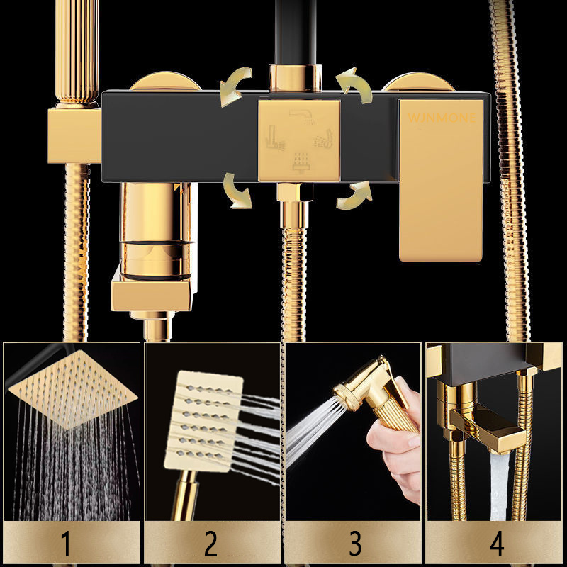 Black Gold Bathroom Shower Set Wall Mounted Bathtub Brass Faucet Shower System 4 Ways Hot and Cold Rainfall Shower Mixer Tap Set