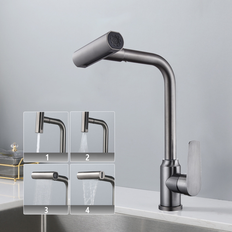 2023 New Design Grey Rainfall Waterfall Tap, Brass Hot and Cold Water Kitchen Sink Faucet with Pull Out Spray Mixer Rain Sprayer