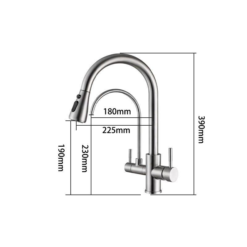 Stainless Steel 2 Handles 3 Way 3 in 1 Universal Swivel Drop-down Spout Drinking Water Filter Purifier Filtration Kitchen Faucet