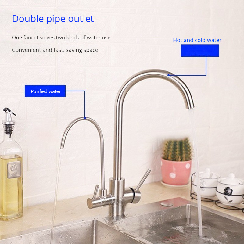 Stainless Steel 2 Handles 3 Way 3 in 1 Universal Swivel Drop-down Spout Drinking Water Filter Purifier Filtration Kitchen Faucet