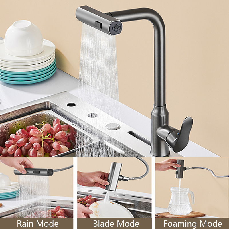 Delivery Within 48 Hours Gray Pull Down Kitchen Faucet Brass Plated Nozzle Rotating Pull Out Rain Mixer Kitchen Sink Faucet