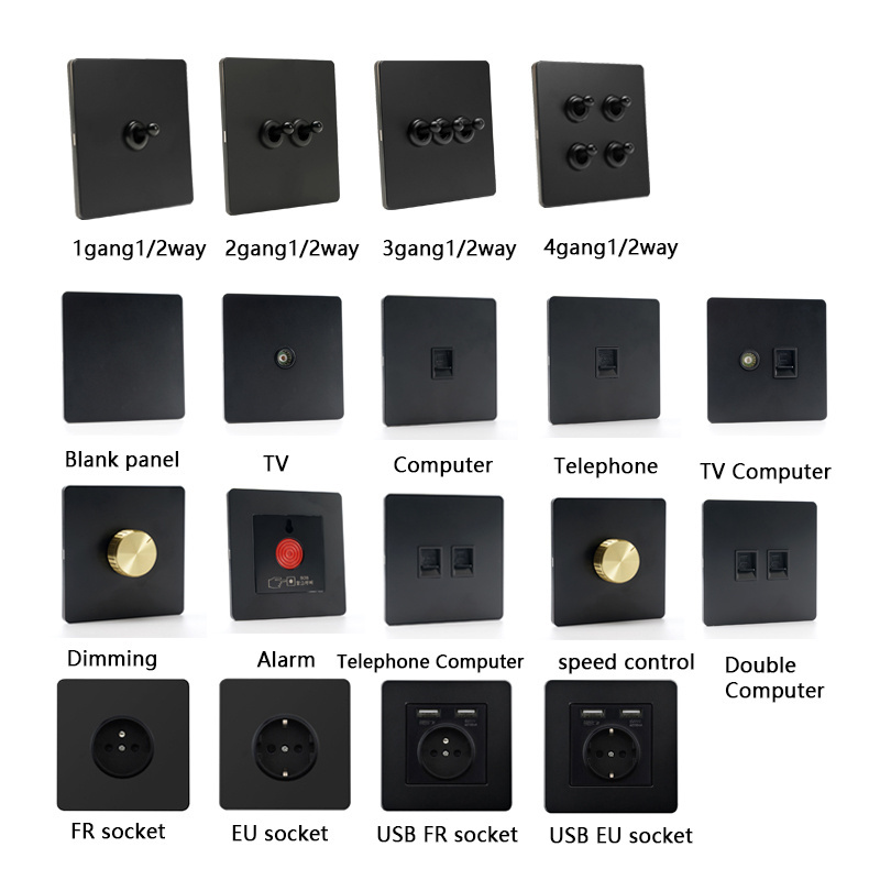 Retro Lever Matte Black Vintage Stainless Steel Panel Toggle Wall  Light Switch European French USB Socket Wall Switches 220V