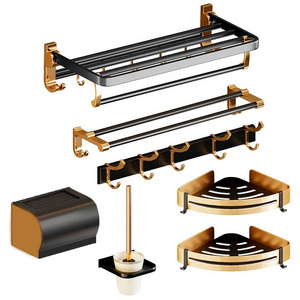 Hardware Sets Self Adhesive Folding Towel Bars Toilet Brush Roll Paper Holder Corner Storage Rack Black Gold Towel Rack