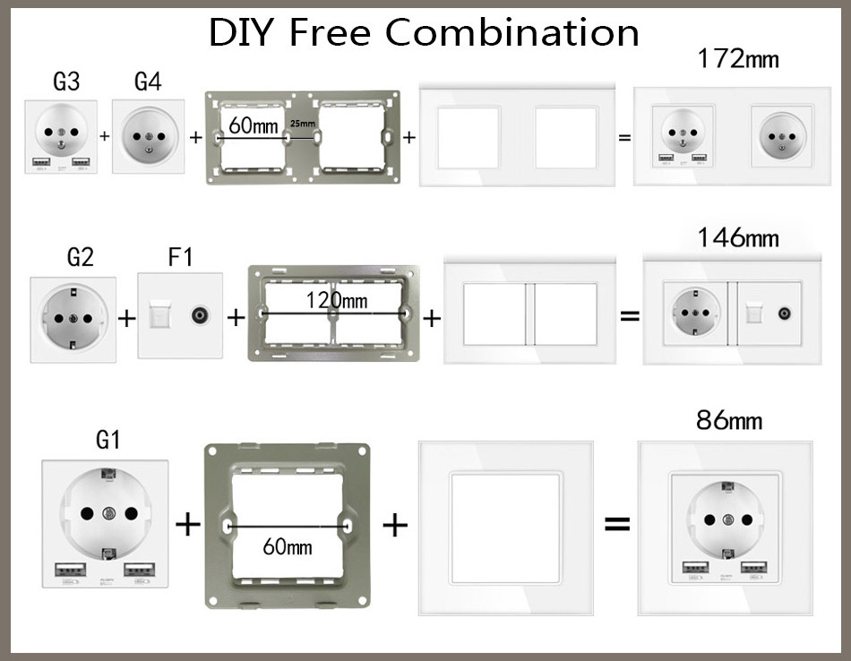 Black multiple frame wall switch socket combination, EU French electrical socket, RJ45 module DIY personality light switch