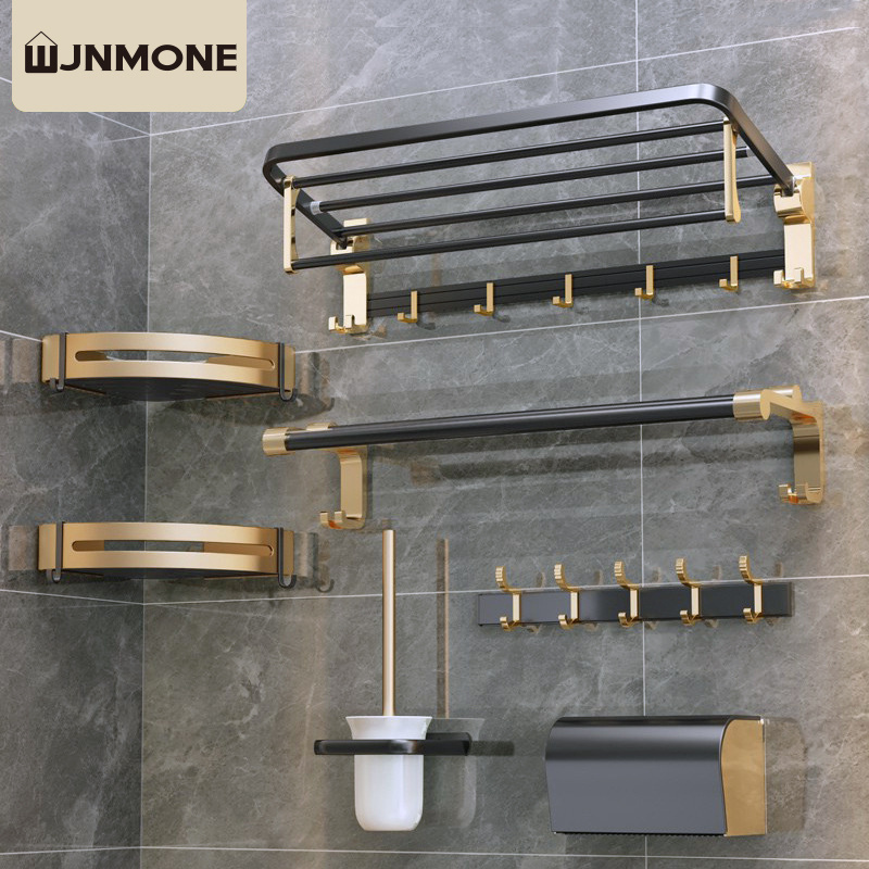 Hardware Sets Self Adhesive Folding Towel Bars Toilet Brush Roll Paper Holder Corner Storage Rack Black Gold Towel Rack