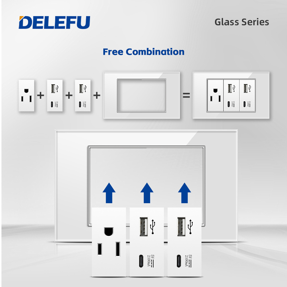 DELEFU White Tempered Glass USb Type C US Standard Outlet Mexico America Plug 118*72 Wall Power Socket Light Switch Fast Charge