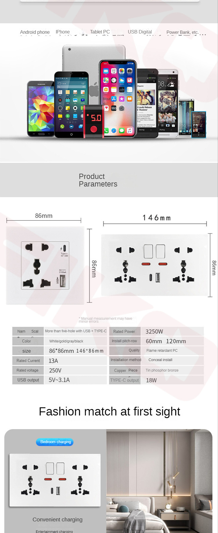 18W Fast Type C Wall 220V Power Outlet 3.1A Smart Charging Adapter Plug Socket Switch with Universal Electrical Double Socket