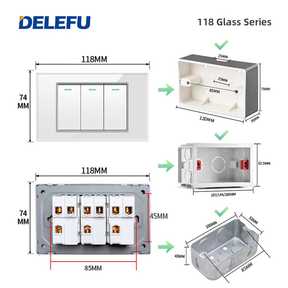 DELEFU White Tempered Glass USb Type C US Standard Outlet Mexico America Plug 118*72 Wall Power Socket Light Switch Fast Charge