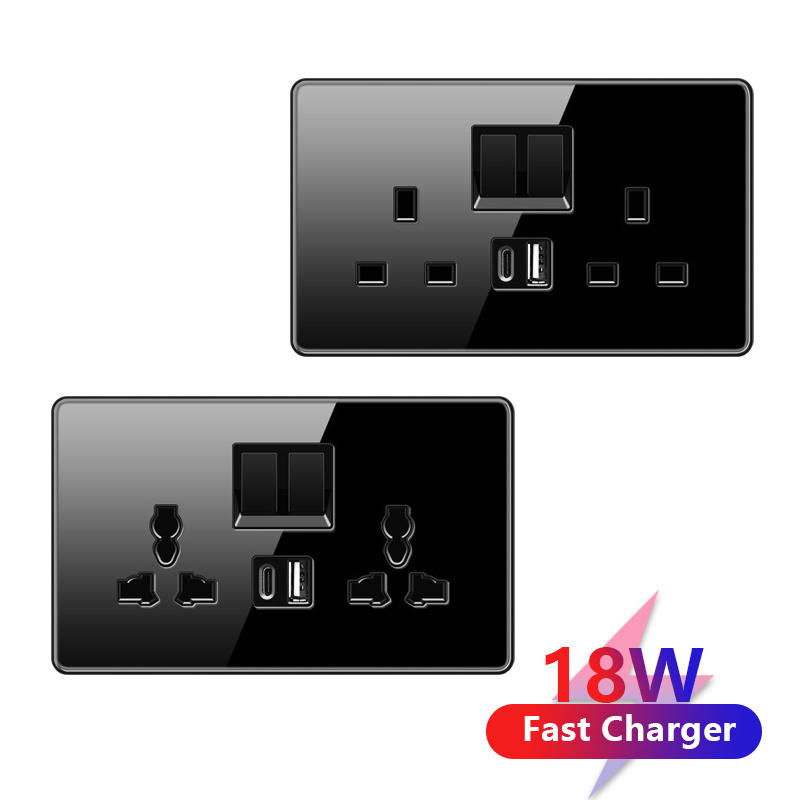 Uk 13A wall charging power switch with usb wall outlet, black High quality glass electrical lamp Speed switch socket CE Certifi