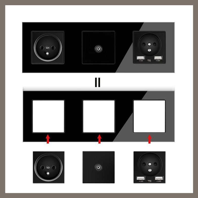 Black multiple frame wall switch socket combination, EU French electrical socket, RJ45 module DIY personality light switch