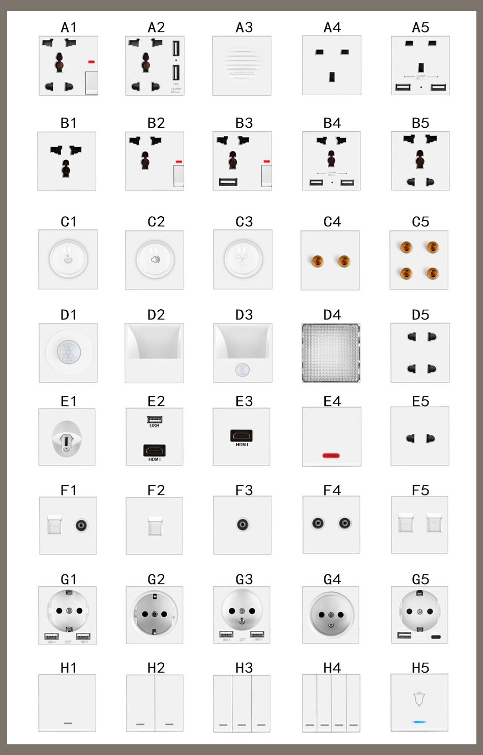 Black multiple frame wall switch socket combination, EU French electrical socket, RJ45 module DIY personality light switch