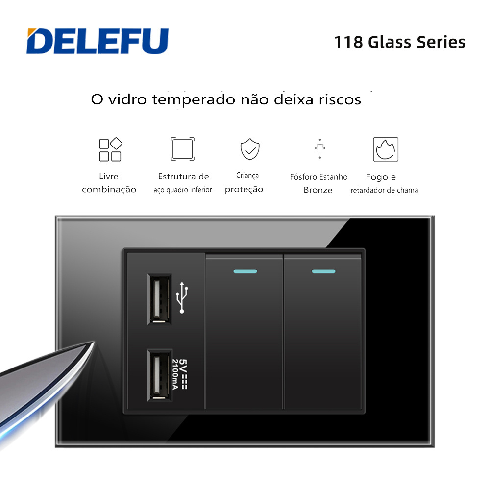 DELEFU 4*2 Black Tempered Glass Brazil Standard Outlet Dual Usb Type C Wall Socket Light Switch Switzerland 10A 20A