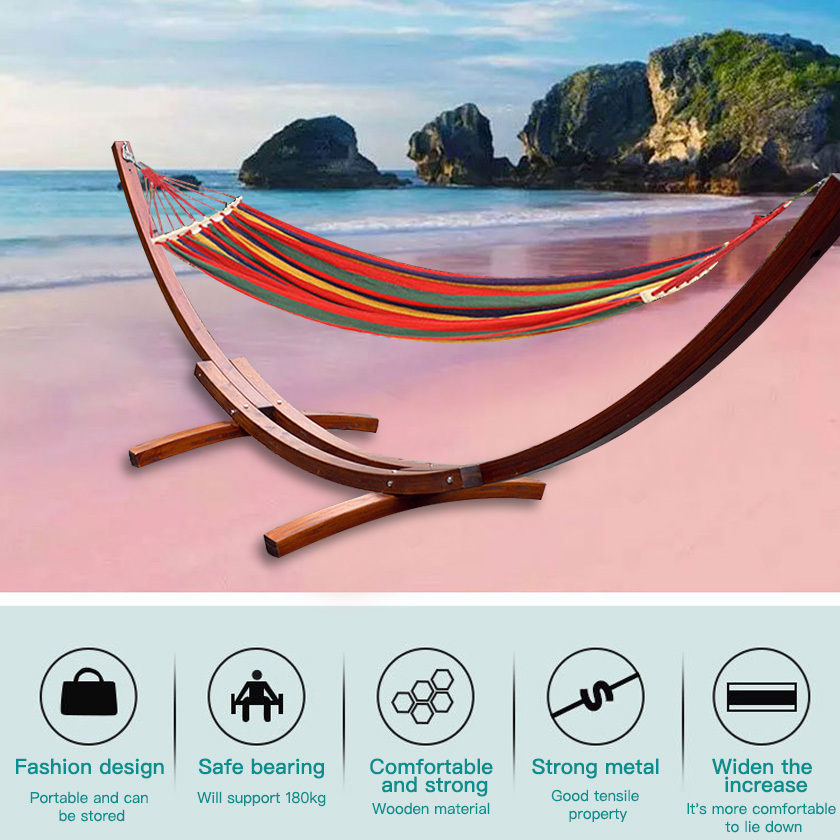 Outdoor Patio cotton fabric Patio Hammock with Curved Wooden Arc Hammock Stand